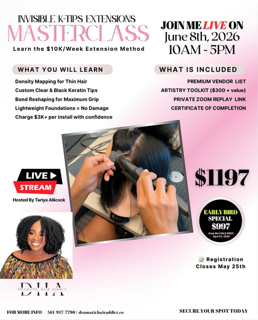 Live hands-on Invisible K-Tips masterclass for hairstylists learning luxury extension placement, bonding, and certification training